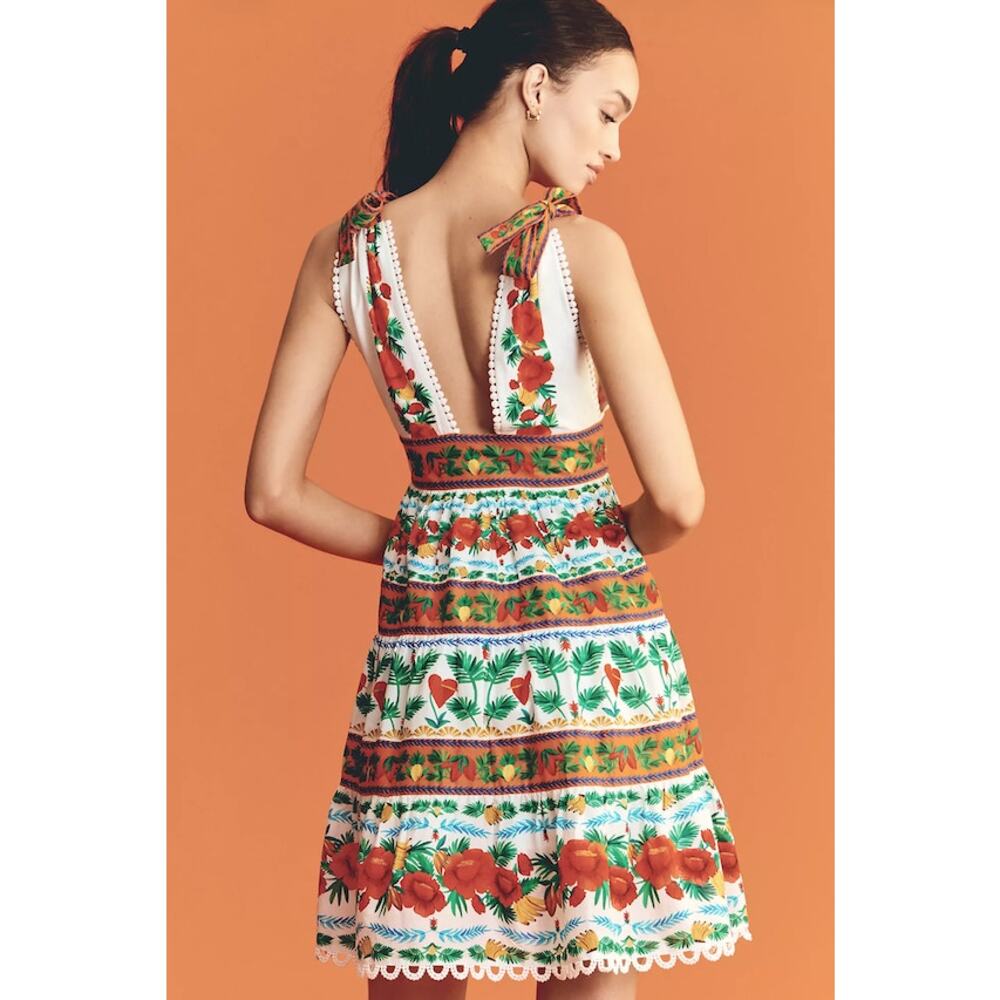 Farm Rio x Anthropologie V-Neck Tiered Mini Dress Size L - Picture 2 of 8